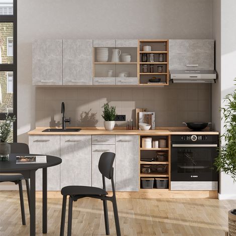 Küchenzeile R-Line, Beton/Goldkraft Eiche, 240 cm ohne Arbeitsplatte, Vicco