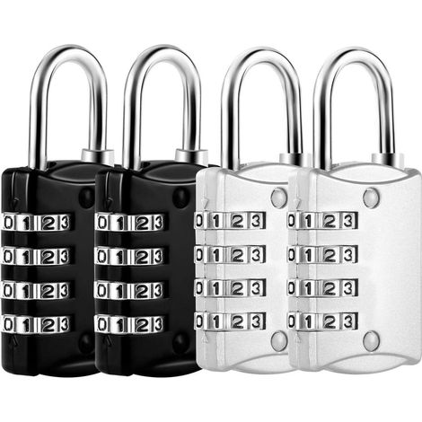 4er Set Zahlenschloss Vorhängeschloss 4-stellig klein für Gepäck, Spind, Rucksack (Schwarz, Silber)