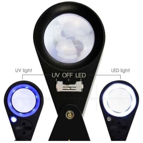 Loupe de bijouterie LED/UV 40x 21 mm avec trois couches de verre optique un outil de loupe de poche adapté aux bijoutiers, aux collectionneurs de timbres et aux numismates. (1/4)