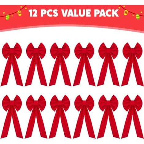 Lot de 12 nœuds de Noël en velours rouge pour couronne, 66 cm de long x 25 cm de large, décorations pour sapin de Noël intérieur et extérieur (1/4)