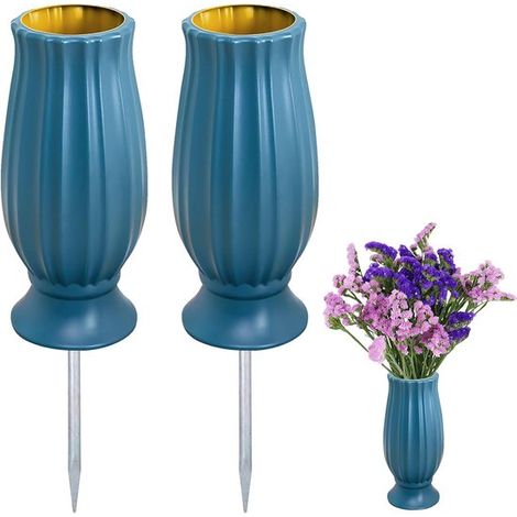 Vases funéraires 2 pièces – Vases décoratifs résistants aux intempéries avec piquets de sol en métal – Pour cimetière funérailles commémoration et compositions florales – Bleu (1/5)