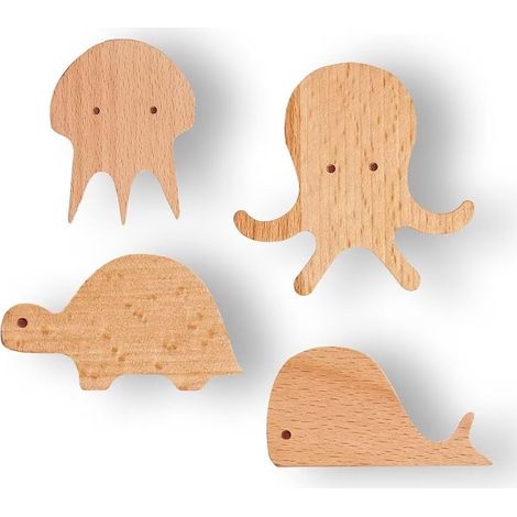 Lot de 4 patères murales en bois en forme d'animaux mignons, porte-chapeaux, crochets décoratifs pour chapeaux. (1/4)