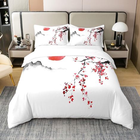 Fleurs de Cerisier Japonais Parure de Lit Montagne fumée imprimé Doux Housse de Couette 140x200cm 100% Coton Enfants Garçons Filles Adolescents Aquarelle Literie avec 1 taies d'oreiller - 140 x 200 cm (1/5)