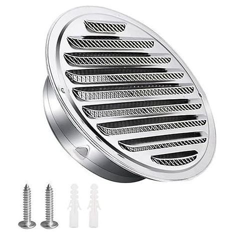 Grille d'aération en acier inoxydable 100mm avec vis et chevilles Protection contre les intempéries Lamelles avec moustiquaire et boucle Grille d'évacuation d'air ronde Visser et bride Grille (1/5)