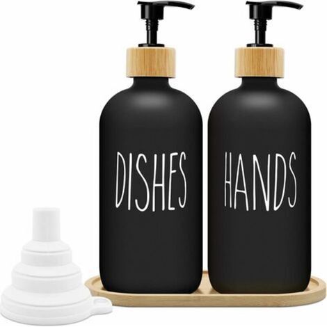 Juego de dispensador de jabón negro mate, dispensador de jabón de vidrio de 500 ml con bandeja, dispensador de líquido para lavavajillas, dispensador de jabón para cocina y ducha (negro x 2) (1/5)