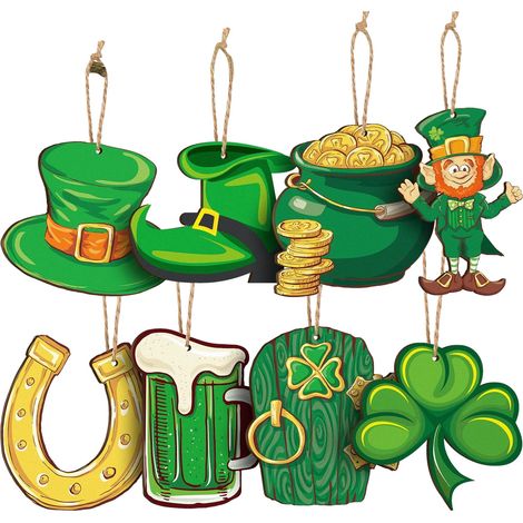 Ornement Saint-Patrick - Bois Naturel - Découpe Prédécoupée avec Corde en Lin - Pour Décoration Intérieure Extérieure - Lot de 8 Pièces (1/5)