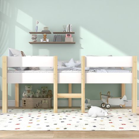 Letto per bambini in legno massello di pino e MDF bianco 90x190 cm, semialto con protezione anticaduta e rete inclusa (1/5)
