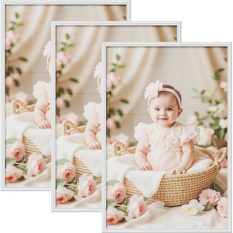 Lot de 3 Cadre Photo 40x60 cm WOLTU, Cadre en Bois Massif, Décoration Murale ou sur Table, avec Passe Partout, Blanc