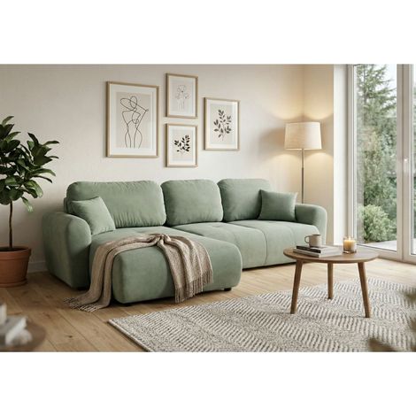 Ecksofa mit Schlaffunktion BRUSK MAX in Stoff Kronos Hellgrün Ottomane Links (1/5)