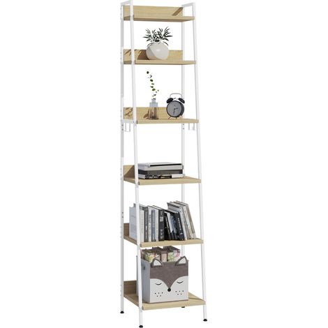 Woltu – Bibliothèque étagère de rangement 6 niveaux – 41x36x187 cm – Chêne clair et blanc – 4 crochets amovibles – Capacité 15 kg par niveau (1/5)