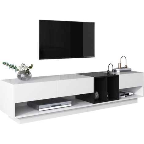 Meuble TV/meuble bas, combinaison de blanc brillant et de noir. Design color-block, tiroirs, compartiments, multiples espaces de rangement. (1/5)