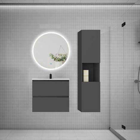 AICA Ensemble meuble vasque L.60cm 2 tiroirs + lavabo + LED miroir rond 70cm + colonne,anthracite
