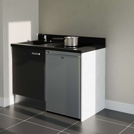 Kitchenette K08L - 120 cm avec plan monobloc et emplacement frigo top-Noir-Nero-évier à gauche