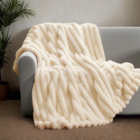 Plaid velours beige 100×160 cm – double couche lapin artificiel, ultra doux/confortable, canapé
