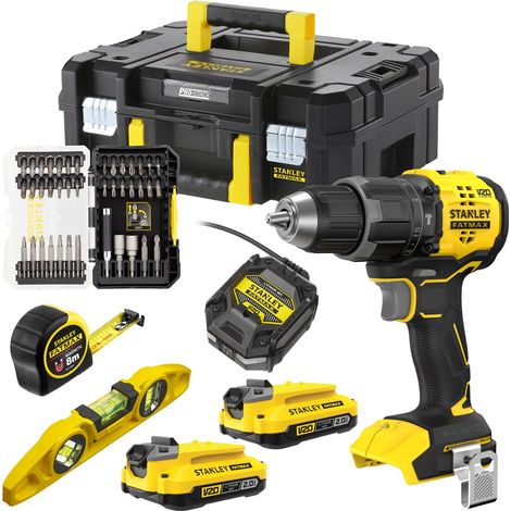 Kit Stanley FATMAX SFMCK100D2T V20 18V con Trapano Avvitatore a Percussione, 2 Batterie 2,0Ah, Caricabatterie, Set 40 Accessori, Livella e Flessometro