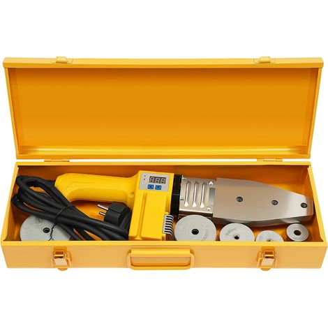 Máquina de soldadura de tuberías, 6 cabezales de troquelado, control de temperatura ajustable, color amarillo. (1/2)