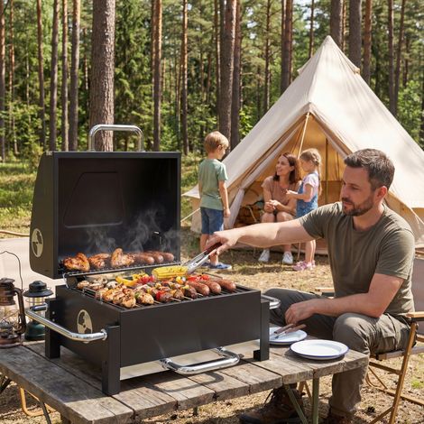Barbecue à charbon de bois en acier, fumoir portable avec couvercle, ventilation réglable, bac à charbon à deux niveaux, thermomètre