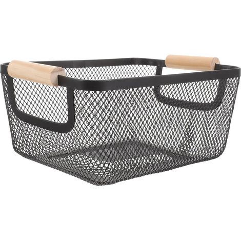 Panier De Rangement En Maille Métallique Avec Poignée En Bois, Portable Pour Armoire, Garde-manger, Noir M 31x21x14cm (1/5)