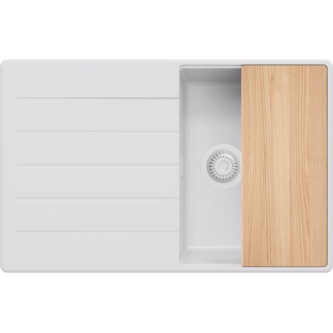 PRIMAGRAN Evier Cuisine en Granit 78x50cm, Lavabo 1 bac + Kit de Vidage + Planche à Découper, Évier à Encastrer au meuble 45cm - Copenhague, Tout Blanc (1/5)