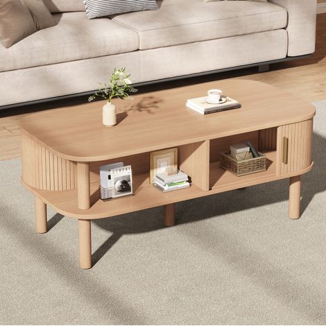 Mesa de centro 110 x 55 x 45 cm de MDF, con almacenaje y puerta corredera, color natural HAVRYA (1/5)