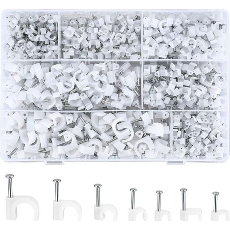 700 Pièces Attache-câble Ronde avec Clou en Acier, Clips Câble Ronds, Cavalier Cable Electrique Blanc, 4 mm/5 mm/6 mm/8 mm/10 mm