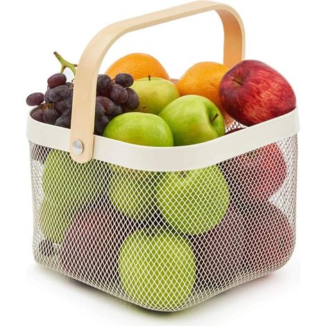 Panier de rangement élégant, en maille métallique avec poignée en bois, pour une utilisation durable et robuste dans la décoration intérieure et le jardin, idéal pour les récoltes. (1/5)
