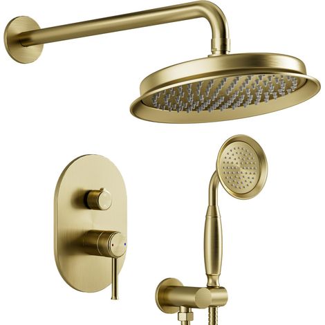 Duschsystem, Unterputz Duscharmatur Set, 230 mm Edelstahl-Kopfbrause Edelstahl‑Handbrause, 1,5 m Schlauch, Set mit Messing‑Ventilkörper, gebürstet‑goldenes Duscharmatur‑Set, verstecktes Design (1/5)