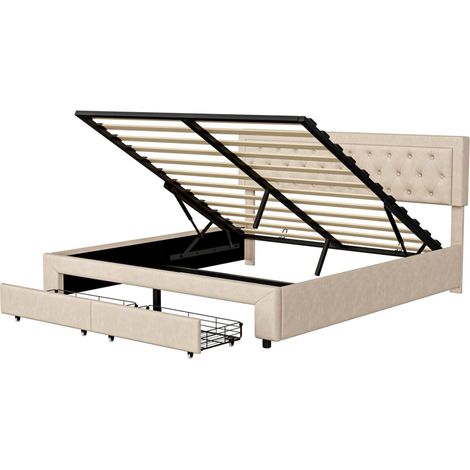 lit double 180x200 avec 2 tiroirs, Lit coffre, lit adulte avec rangement à vérin hydraulique, cadre de lit pour 2 personnes, lit rembourré, beige, velours, sommier Non (1/4)