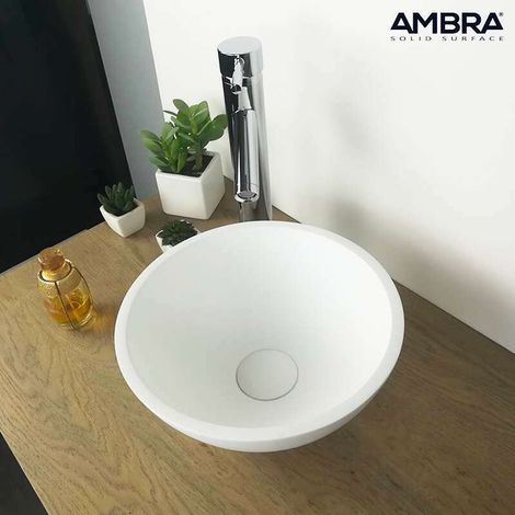 Vasque à poser ronde 30 cm en résine minérale blanc mat – Design minimaliste sans trop-plein – Résistante à l'humidité et aux variations de température – Ambra (1/4)