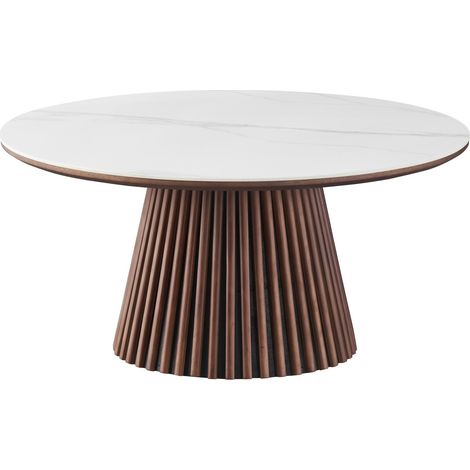 Homifab – Table basse ronde en céramique effet marbre blanc Ø80 cm – Piètement central en bois cannelé – Résistante aux rayures et éclaboussures (1/5)