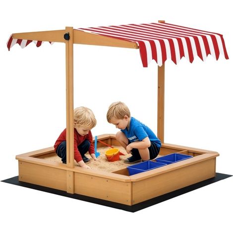 Bac à sable en bois 107,5×107,5 cm avec couvercle réglable en hauteur, pour enfants 3‑7 ans, adapté au jardin, terrasse et balcon