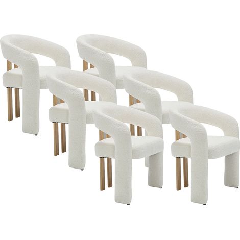 Lot de 6 chaises avec accoudoirs en tissu bouclette et bois d'hévéa - Blanc - NORETI (1/5)