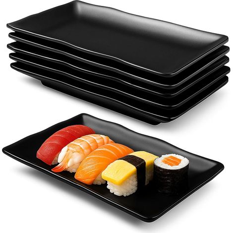 Lot de 6 assiettes rectangulaires noires en mélamine pour apéritifs, desserts, collations, sushis, gâteaux, salade, fruits, entrées et accompagnements, empilables et passent au lave-vaisselle (1/5)