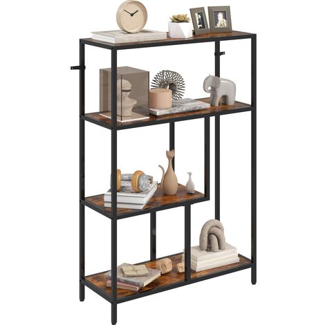 Bibliothèque industrielle à 4 niveaux en bois et métal, 77 x 30 x 116 cm, marron rustique