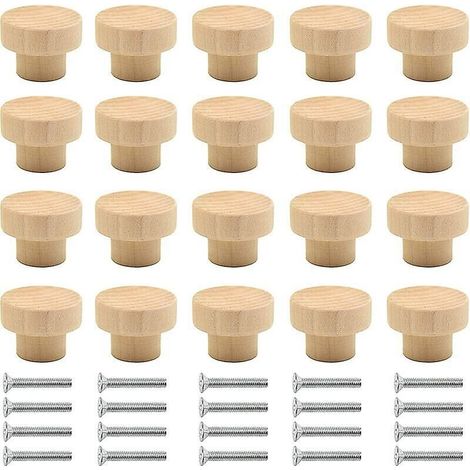 Lot de 20 poignées de meuble en bois, boutons ronds en bois naturel, boutons de porte et de tiroir, adaptés aux tiroirs de meubles, armoires et penderies. (1/5)