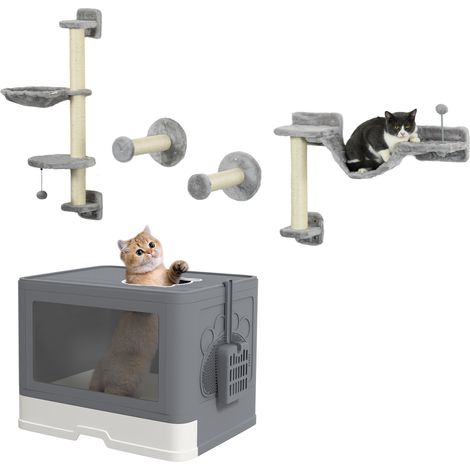 Conjunto para mascotas incluye 1 estante de escalada para gatos de pared de 4 piezas y 1 arenero para gatos con cubierto pala cepillo gris (1/5)