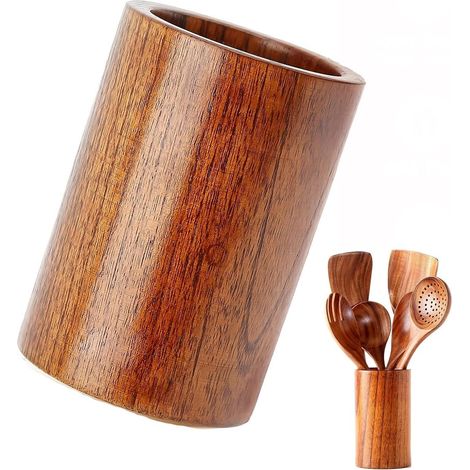 Porte-ustensiles de cuisine en bois - Porte-couverts rond en bois - Organisateur pour ustensiles de cuisine, porte-baguettes, rangement pour spatule, couverts, cuillère (15 x 8,7 cm) (1/4)