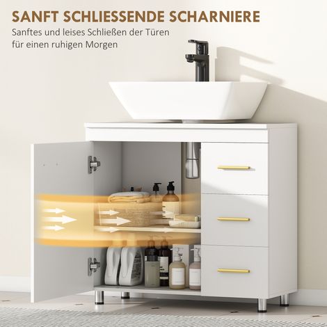 Meuble sous lavabo salle de bain, design à 3 niveaux, MDF, panneau de particules, blanc (1/4)