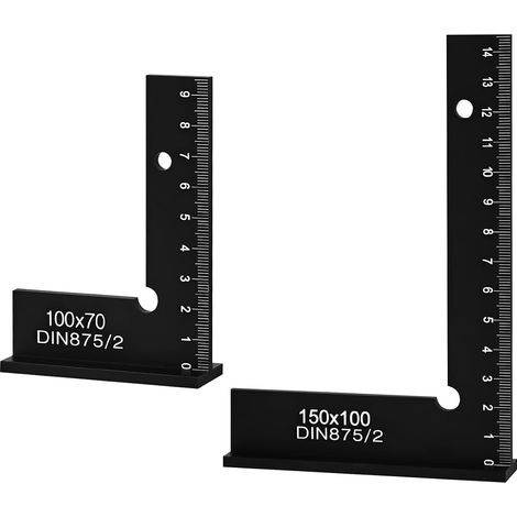 Set bestehend aus 2 Schlosserwinkeln, 90°-Metallwinkeln (150 x 100 mm und 100 x 70 mm), L-förmigem Präzisions-Werkbanklineal-Set für präzise Arbeiten im Bauwesen. (1/5)