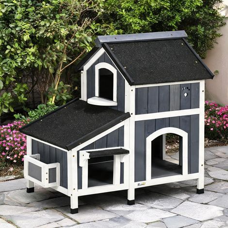 Maison pour chats en bois gris 2 étages avec toit en asphalte (1/5)