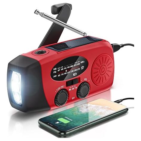 Radio solaire portable, urgence, météo, 2000mAh à manivelle avec AM/FM, dynamo, IPX3, chargeur de téléphone portable, lampe torche LED. (1/4)