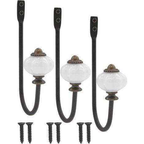 lot de 3 patère antique, patère, crochet à chapeau, crochet en fer avec tête en céramique et couronne en laiton - style campagnard vintage (1/5)