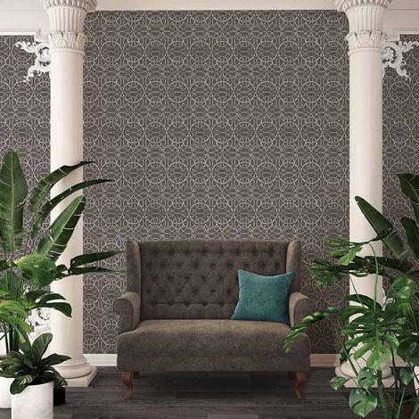 Papier peint intissé gris Art déco Tapisserie chic parfaite pour salon Papiers peints avec ronds argenté et motif Médusa (1/5)