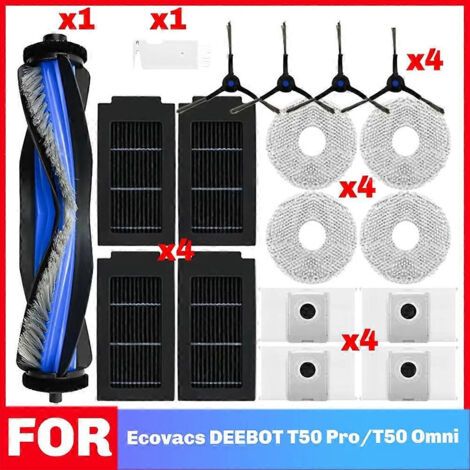 Accessoires compatibles avec les aspirateurs ECOVACS T50 OMNI / T50 PRO OMNI et Ecovacs Deebot T50 Max : brosse principale, filtre, chiffon de nettoyage et sac à poussière.