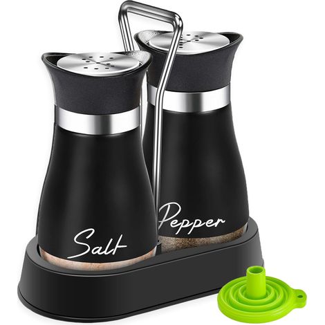Ensemble salière et poivrière avec support en acier inoxydable avec fond en verre, rechargeable, gadgets de cuisine pour comptoir, table décorative moderne (noir) (1/5)
