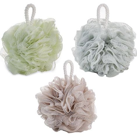 Lot de 3 éponges de bain exfoliantes/massantes en filet de 13 cm et 60 g - Bleu/Vert/Kaki (1/5)