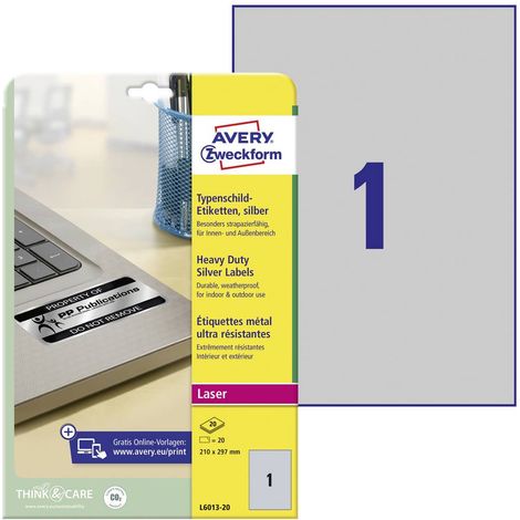 Avery-Zweckform L6013-20 Etichetta per cartellini e targhette 210 x 297 mm Pellicola in poliestere Argento 20 pz. A ten (1/5)