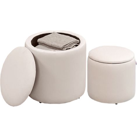 Set of 2 Round Storage Ottomans,Soft Fabric Makeup Stools with Removable Lid,Cream White Footrest for Living Room and Bedroom