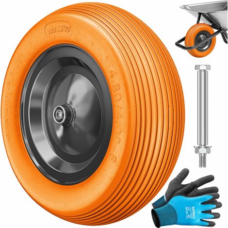 MASKO® PU Schubkarrenrad Vollgummi 200 kg pannensicher 4.80/4.00-8 Ø 390mm inkl. Achse Ersatzrad Gummirad Stahlfelge Reifen pannensicher für Schubkarre Orange / Schwarz