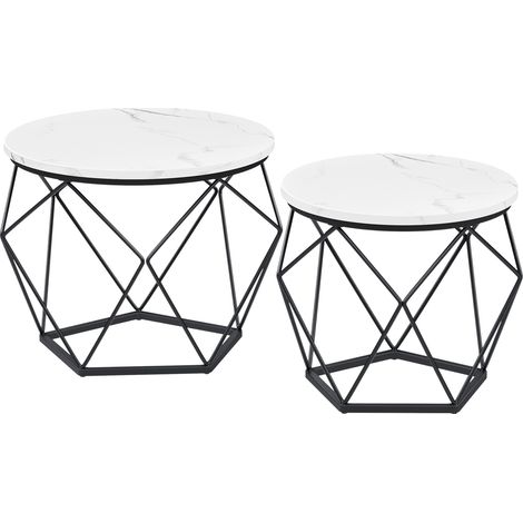 Table Basse Ronde, Lot de 2, Table d’Appoint, Bout de Canapé, Style Moderne, Plateau Amovible, Cadre en Acier, pour Salon, Blanc et Noir (1/5)